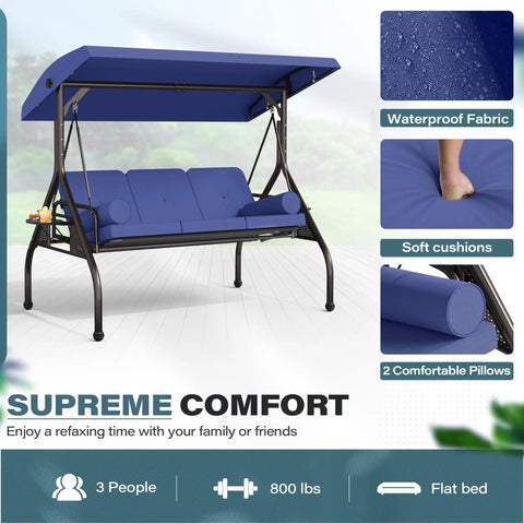 Three In One Outdoor Porch Swing Bed With Canopy Three Seat Patio Glider Cushioned Swing With Cup Holders And Pillows