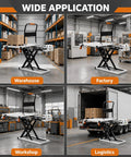 Heavy Duty Electric Scissor Lift Table Cart With 660 Pound Capacity And 52 Inch Max Height in warehouse, factory, workshop, and logistics settings.