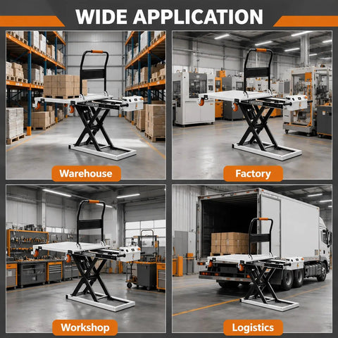 Heavy Duty Electric Scissor Lift Table Cart With 660 Pound Capacity And 52 Inch Max Height in warehouse, factory, workshop, and logistics settings.