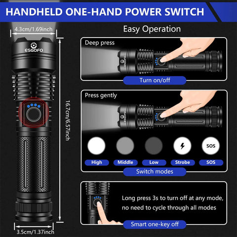 Ultra Bright 100000 Lumen Rechargeable LED Flashlight Handheld Spotlight with easy operation instructions.