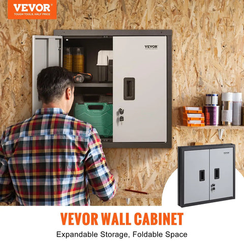 Foldable Wall Cabinet For Garage And Home Workshop, Metal Wall Locker With 26 Inch Size, 240 Lb Capacity, installed view