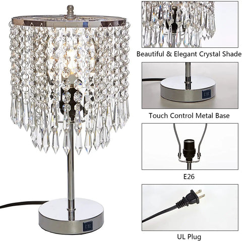 Crystal Table Lamp With Touch Control And USB Ports 3 Way Dimmable Glam Desk Light In Silver Finish For Bedroom Or Living Room