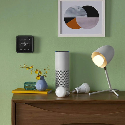 Living room setup with Renewed T5 Plus Smart Thermostat Black With 7 Day Scheduling And Location Based Temperature Control Geofence