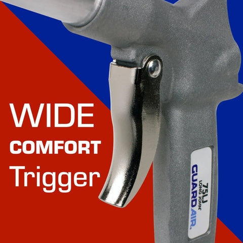Long John Safety Air Gun with wide comfort trigger, featuring 12-inch aluminum extension, high performance OSHA compliant alloy nozzle.