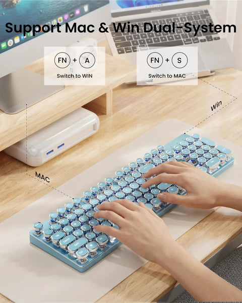 Top Shelf Retro Typewriter Mechanical Keyboard With Hella Crisp Blue Switches And Long Lasting Rechargeable Battery For Slick Triple Mode Gaming Setup Compatible On Windows Mac Pc Devices, hands typing on blue keys.