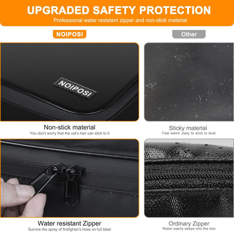 Close-up of Built Tough Fireproof Document Organizer With Lock, 5200 Fahrenheit heat insulation, showing water-resistant zipper and material.