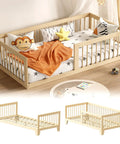Low Profile Twin Floor Bed With Quick Release Guardrails And Sturdy Wood Frame for independent rest in a cozy nursery setting.
