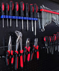 Four Piece Screwdriver And Wrench Organizer Wall Mount Tool Holder With Clips For Garage Or Workshop Keeps Screwdrivers, spanners, extensions, ratchets, and pliers neatly accessible and ready to grab, displayed with tools installed on a wall.