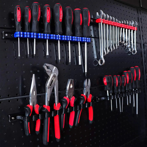 Wall Mount Screwdriver And Wrench Organizer Rack With Clips Hand Tool Holder For Pliers Extensions Ratchets And Small Tools All In One Grab And Go Easy Access Garage Drawer Space Saver displaying tools on pegboard.