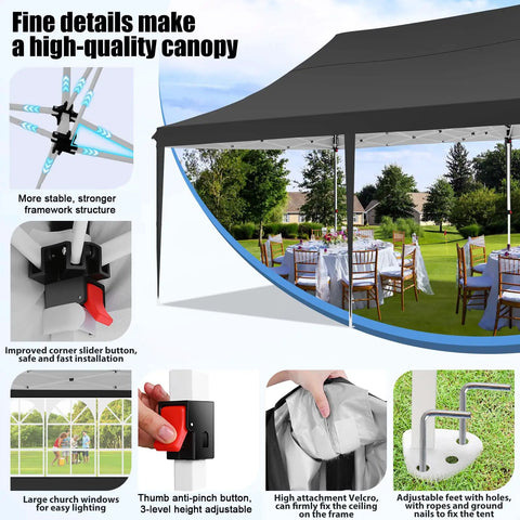 10x20 Pop Up Canopy Tent With Sidewalls And Upgrade Frame For Parties Weatherproof Outdoor Gazebo UPF 50 Plus Waterproof Shelter features and setup details