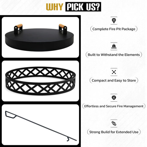 Smokeless Fire Pit Accessories Set For Outdoor Hangouts And Backyard Chill, includes 20in lid, 36in poker, 17in base for bonfire pit