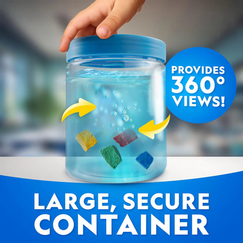 Hand interacting with Underwater Crystal Growing Science Kit For Kids Grow 8 Colorful Crystals In A 360 Degree Viewing Canister