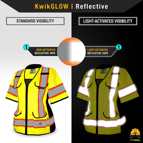 Women's Hi-Vis Class 3 Safety Vest In Bright Yellow With Relaxed Fit And Five Sturdy Cargo Pockets showing standard and light-activated visibility.