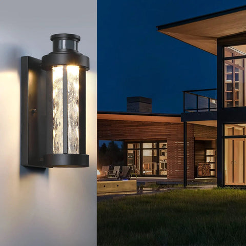 Motion Sensor Outdoor Wall Light With Dusk To Dawn Function Water Ripple Glass Exterior Lantern on modern house wall