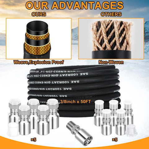 Hydraulic hose 3/8 in x 50 ft with 10 JIC 37° female and NPF male fittings, steel braided, 4800 psi