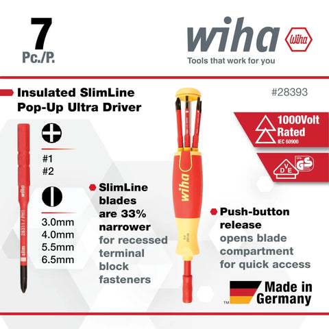 Insulated SlimLine Ultra Driver Blade Set with Slotted and Phillips Bits, 7 Piece Kit, high voltage rated, Made in Germany