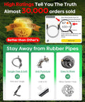 Infographic highlighting benefits of a 3 ft Stainless Steel Garden Hose Connector, 304 stainless steel, compared to rubber hoses.