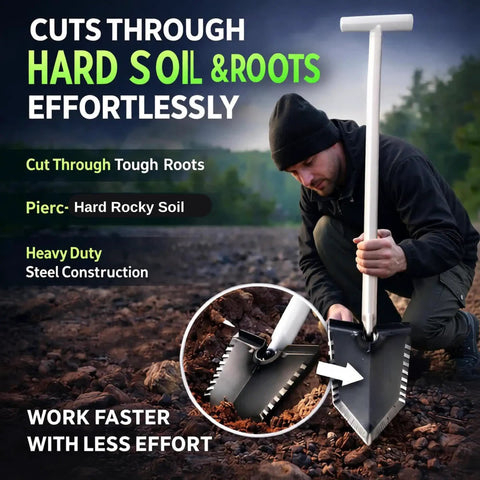 Man using Metal Detecting Shovel For Treasure Hunting And Gardening, Heavy Duty Root Slayer With Double Serrated Blade, 36 Inch T Handle