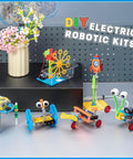 DIY Electric Robotics Kits display with six kids STEM robot projects, including bubble, doodling, balance, crawling, glider and rocket