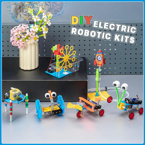 DIY Electric Robotics Kits display with six kids STEM robot projects, including bubble, doodling, balance, crawling, glider and rocket