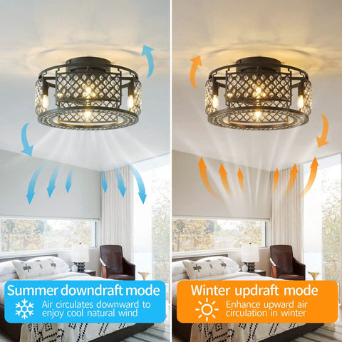18 Inch Lit Crystal Lantern Ceiling Fan Light With Remote in summer and winter modes in a bedroom setting