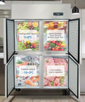 Go-To Commercial Upright Freezer Fridge, Slick Stainless Steel Four Door Cold Storage Cabinet, showcasing refrigerated and freezer spaces.