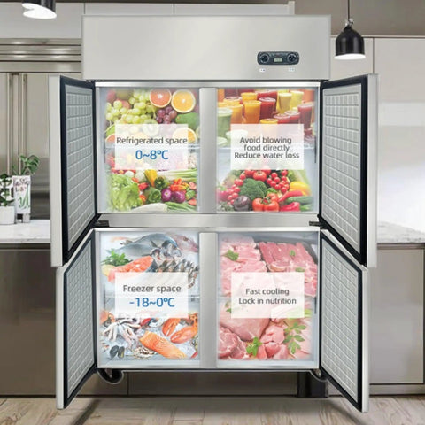 Go-To Commercial Upright Freezer Fridge, Slick Stainless Steel Four Door Cold Storage Cabinet, showcasing refrigerated and freezer spaces.