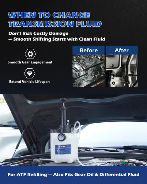Faitio 3L Auto Transmission Fluid Transfer Pump with pressure gauge for clean ATF and gear oil changes under hood.