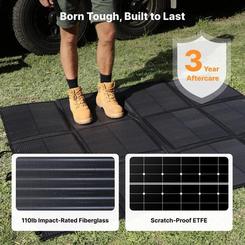 440W Portable Solar Panel System With Foldable Solar Bag, impact-rated fiberglass and scratch-proof ETFE on grass.