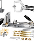 Badass Rigid All Steel Pocket Hole Jig Kit With Quick Release Toggle Clamp Heavy Duty CNC Machined Frame Zero Flex woodworking tools next to drill bits and clamps.