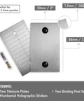 Titanium Seed Plates For Beefed Up Security In Crypto Seed Phrase Storage For Bitcoin And Ethereum Premium Cold Storage Metal Compatible With Trezor Ledger BitBox Includes 2 Plates And Seals, showing two titanium plates and holographic stickers