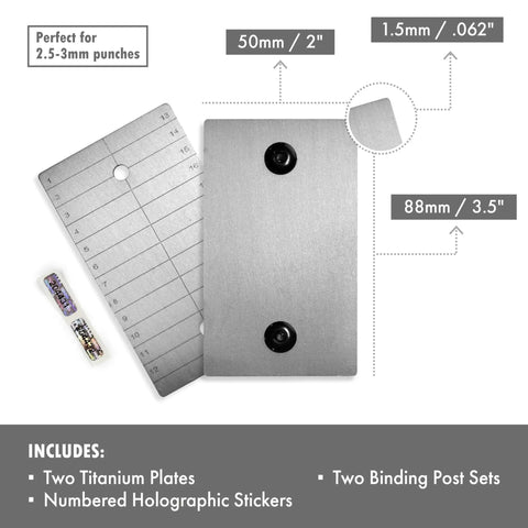 Titanium Seed Plates For Beefed Up Security In Crypto Seed Phrase Storage For Bitcoin And Ethereum Premium Cold Storage Metal Compatible With Trezor Ledger BitBox Includes 2 Plates And Seals, showing two titanium plates and holographic stickers