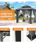 8.5 By 8.5 Ft Outdoor Hardtop Gazebo with Double Roof, Heavy Duty Aluminum and Steel Top, privacy curtain for patio shown