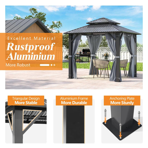 8.5 By 8.5 Ft Outdoor Hardtop Gazebo with Double Roof, Heavy Duty Aluminum and Steel Top, privacy curtain for patio shown