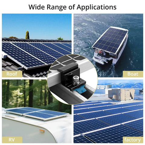 Wide range of applications for 10 Pack Adjustable Solar Panel End Clamps For Unistrut Channels Featuring 30 To 50mm Aluminum Mounts.