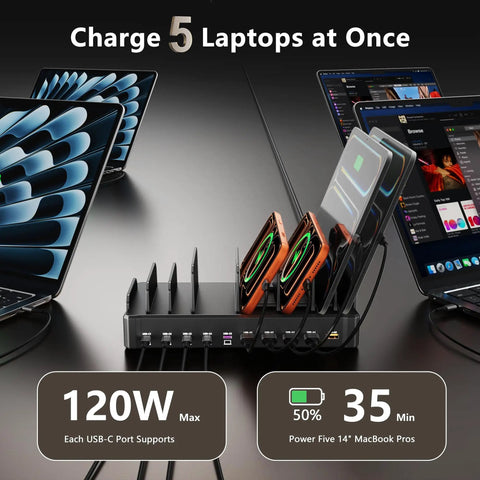 10 Port USB-C Desktop Charging Station With 750W Total Output, 5 USB-C 120W Each And 5 USB-A 30W Each, charging multiple devices