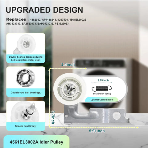 Illustration showing dimensions and features of 4561EL3002A idler pulley in All In One Dryer Repair Kit For LG And Kenmore Dryers