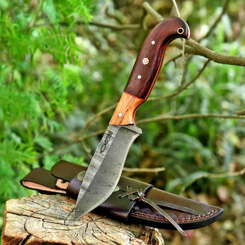 Custom Handmade Damascus Fixed Blade Knife 10 Inch With Rosewood And Olive Wood Handle Full Tang Badass Black Leather Sheath