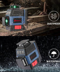 Pro Grade Self Leveling Laser Level Kit With 3x360 Degree Green Beams, 12 Lines, dustproof and waterproof feature shown.