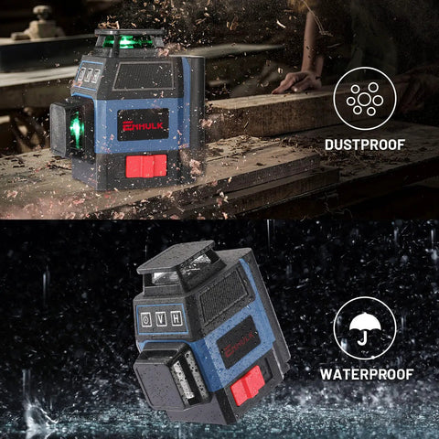 Pro Grade Self Leveling Laser Level Kit With 3x360 Degree Green Beams, 12 Lines, dustproof and waterproof feature shown.
