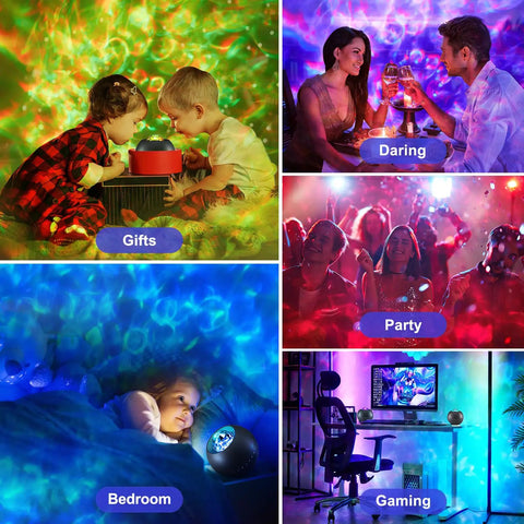 Galaxy Projector Night Light With Bluetooth Speaker And White Noise For Bedroom Vibe, vibrant projections in various settings