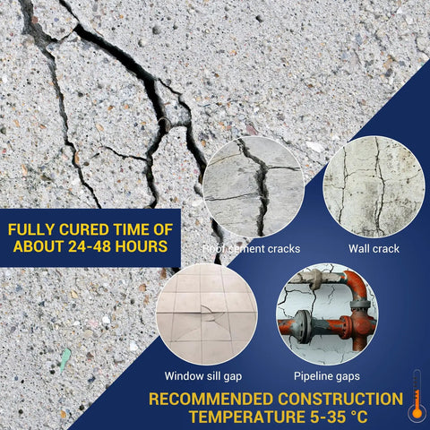 Self Leveling Concrete Crack Filler 3 Pack For Hairline To Quarter Inch Cracks, Waterproof Cement Sealant info on curing time and temperatures.