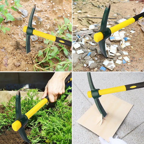 Dual Head 15 Inch Garden Pickaxe And Mattock Weeding Hoe in use for gardening and cultivating with ergonomic rubber handle, 2 pack.