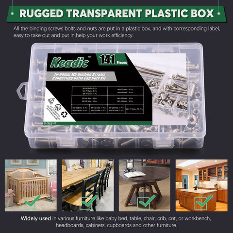 Tough As Nails M6 Socket Cap Bolts And Barrel Nuts Assortment Kit With Hex Setter Tool 141 Piece in rugged transparent plastic box.