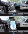 Wireless Car Charger Mount With Auto Clamping Air Vent Phone Holder, 15W Fast Wireless Charging displayed in a car interior air vent.