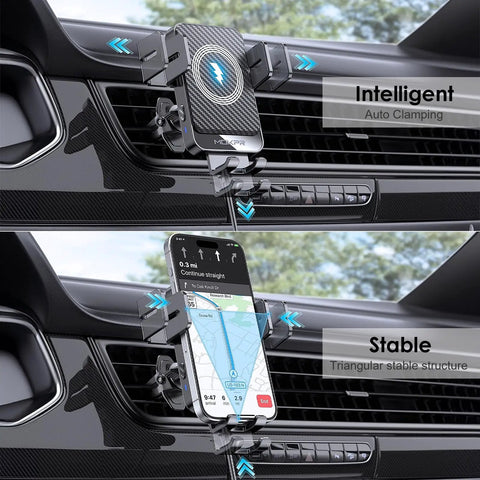 Wireless Car Charger Mount With Auto Clamping Air Vent Phone Holder, 15W Fast Wireless Charging displayed in a car interior air vent.