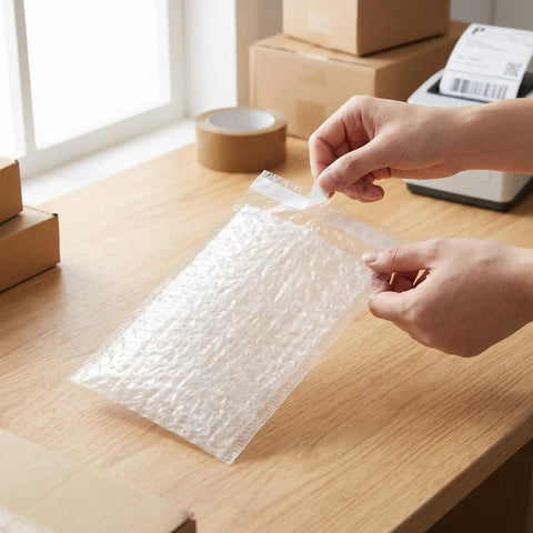 Person peeling the self-adhesive strip of a transparent Self Adhesive Bubble Cushioning Pouches And Double Walled Lightweight PE Packaging Bags For Shipping