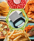 Front view of FATUXZ large stainless steel potato crinkle cutter with black handle for crinkle fries and veggies.