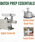 Batch prep essentials with BigBite Grinder #8, spring-loaded burger press, and pack of freezer sheets displayed on white background.