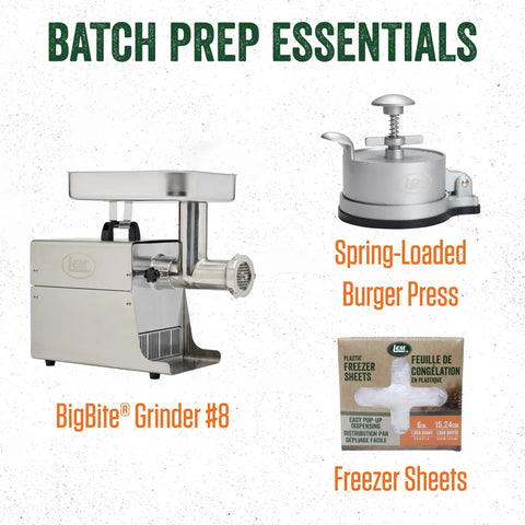 Batch prep essentials with BigBite Grinder #8, spring-loaded burger press, and pack of freezer sheets displayed on white background.